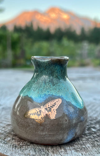 Gilded bud vase- Teal/ Fawn Glaze w/ Gold Butterfly and Dandelion flower 3oz
