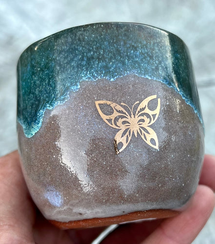 Gilded cordial cup- Teal/ Fawn Glaze w/ 2 Gold Butterflies 3oz