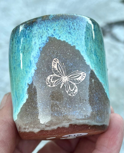 Gilded cordial cup- Seafoam/ Fawn Glaze w/ Gold Butterfly 2oz