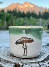Load image into Gallery viewer, Gilded Cup- Seafoam/Cream w/ 2 Gold Mushrooms and real gold rim 8oz