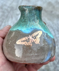 Gilded bud vase- Teal/ Fawn Glaze w/ Gold Butterfly and Dandelion flower 3oz
