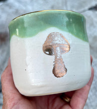 Load image into Gallery viewer, Gilded Cup- Seafoam/Cream w/ 2 Gold Mushrooms and real gold rim 8oz