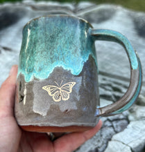 Load image into Gallery viewer, Gilded Mug -Seafoam/Fawn w/ 3 Gold butterflies  8oz