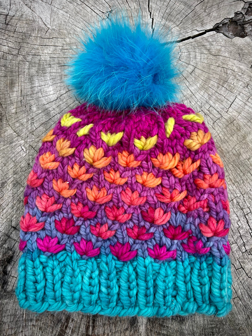 Groovy Blues Lotus Hat with aqua fox Pom