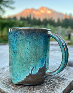 Gilded mug- Seafoam/Fawn w/ 2 Gold butterflies and curved handle 7oz