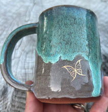 Load image into Gallery viewer, Gilded Mug -Seafoam/Fawn w/ 3 Gold butterflies  8oz