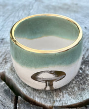 Load image into Gallery viewer, Gilded Cup- Seafoam/Cream w/ Gold Mushroom 🍄 and real gold rim 9oz