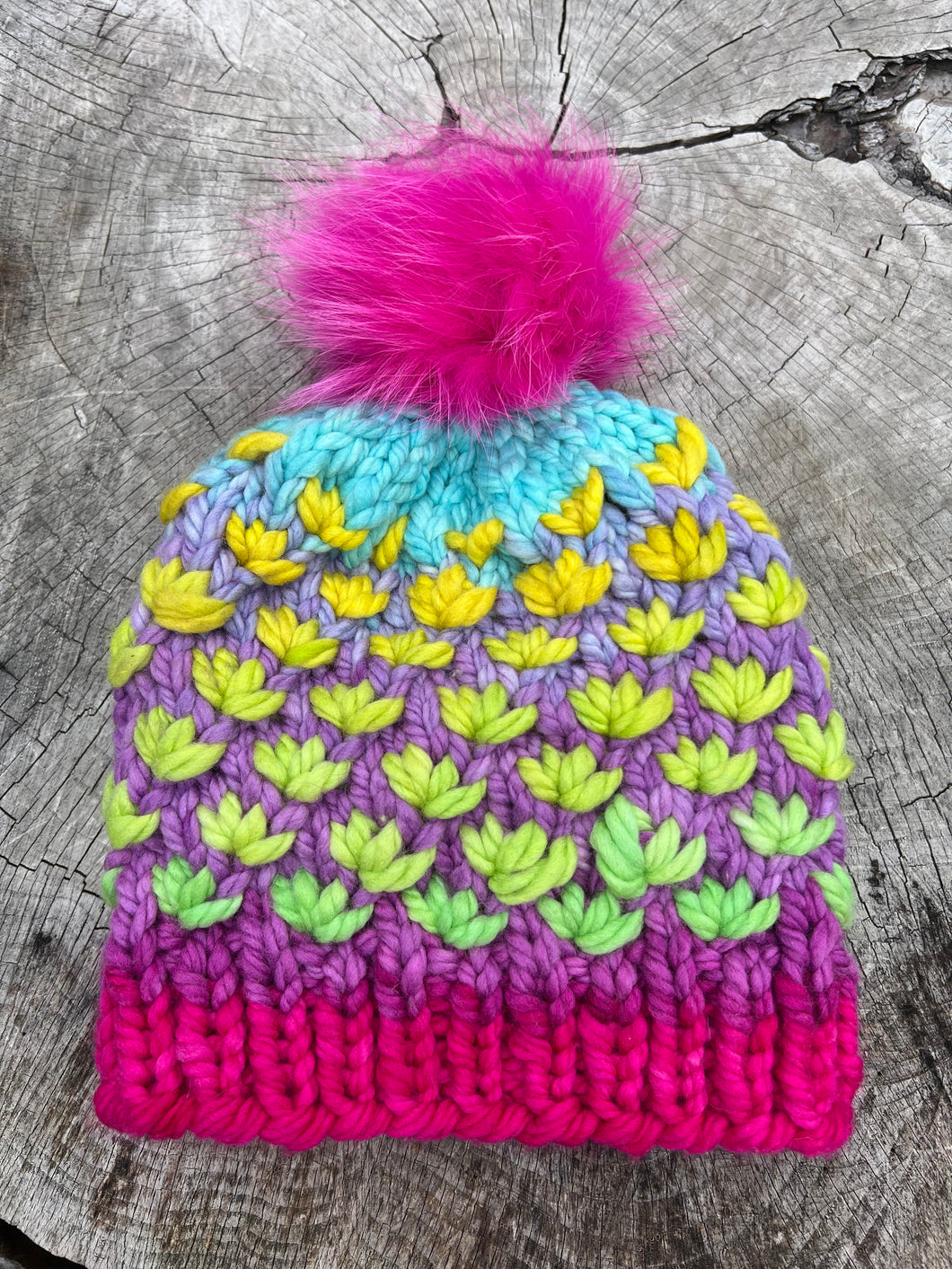 Groovy Pinks Lotus Hat with pink fox Pom