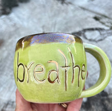 Load image into Gallery viewer, Gilded Breathe Mug-   Mother of Pearl/ chartreuse crackle glaze ￼ Glaze 10oz