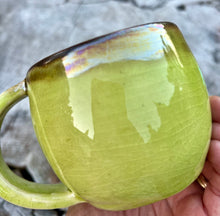 Load image into Gallery viewer, Gilded Breathe Mug-   Mother of Pearl/ chartreuse crackle glaze ￼ Glaze 10oz