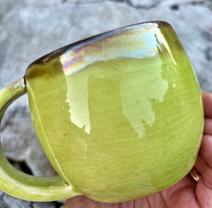 Gilded Breathe Mug-   Mother of Pearl/ chartreuse crackle glaze ￼ Glaze 10oz