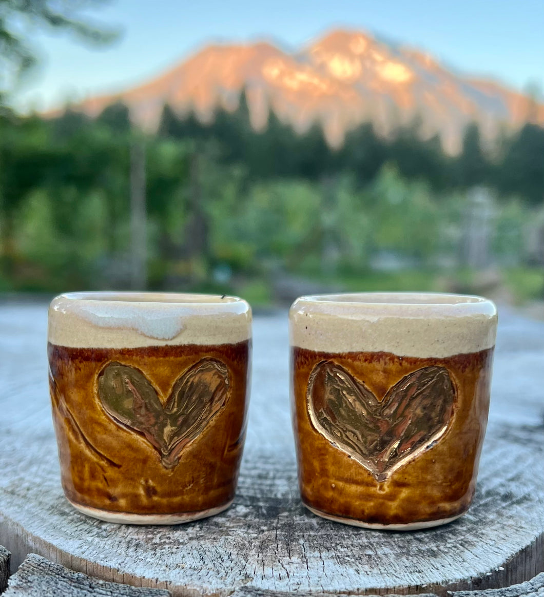 Pair of Gilded ❤️ cordial cups- earthy/ opal ￼ Glaze w/ carved real Gold ❤️’s 2oz