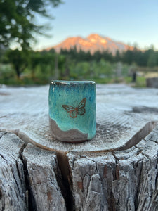 Gilded cordial cup- Seafoam/ Fawn Glaze w/ 3 Gold Butterflies 2oz