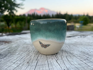Gilded TeaCup- Seafoam/Cream w/ blue butterflies 🦋 8oz