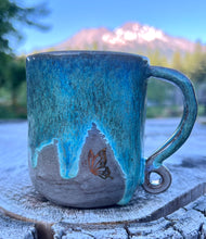 Load image into Gallery viewer, Gilded mug- Seafoam/Fawn w/ 2 Gold butterflies and curly handle 9oz