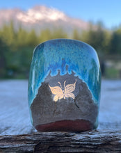 Load image into Gallery viewer, Gilded cordial cup- Seafoam/ Fawn Glaze w/ Gold Butterfly 2oz “tall”