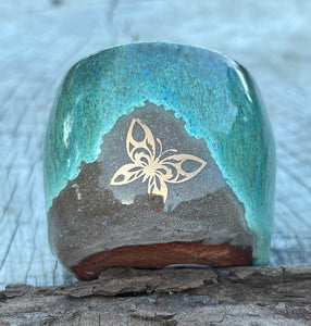 Gilded cordial cup- Seafoam/ Fawn Glaze w/ Gold Butterfly 2oz “short”