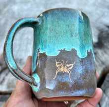 Load image into Gallery viewer, Gilded mug- Seafoam/Fawn w/ 2 Gold butterflies and curved handle 7oz
