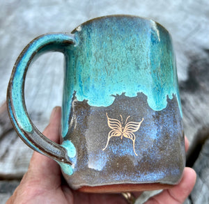 Gilded mug- Seafoam/Fawn w/ 2 Gold butterflies and curved handle 7oz