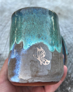 Gilded Mug -Seafoam/Fawn w/ 3 Gold butterflies  8oz