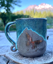 Load image into Gallery viewer, Gilded mug- Seafoam/Fawn w/ 2 Gold butterflies and curly handle 9oz