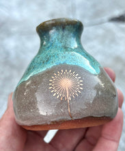 Load image into Gallery viewer, Gilded bud vase- Teal/ Fawn Glaze w/ Gold Butterfly and Dandelion flower 3oz