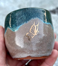 Load image into Gallery viewer, Gilded cordial cup- Teal/ Fawn Glaze w/ 2 Gold Butterflies 3oz