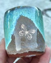 Load image into Gallery viewer, Gilded cordial cup- Seafoam/ Fawn Glaze w/ Gold Butterfly 2oz