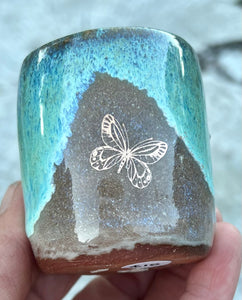 Gilded cordial cup- Seafoam/ Fawn Glaze w/ Gold Butterfly 2oz