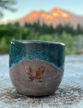 Load image into Gallery viewer, Gilded cordial cup- Teal/ Fawn Glaze w/ 2 Gold Butterflies 3oz