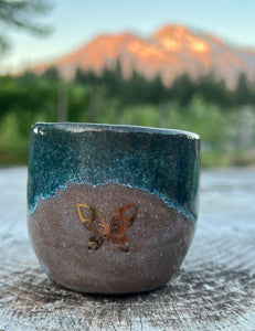 Gilded cordial cup- Teal/ Fawn Glaze w/ 2 Gold Butterflies 3oz