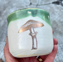 Load image into Gallery viewer, Gilded Cup- Seafoam/Cream w/ 2 Gold Mushrooms and real gold rim 8oz