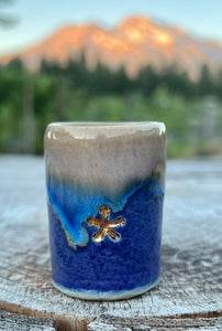 Gilded ❤️⭐️cordial cup- speckled purple/opal ￼ Glaze w/ carved real Gold ❤️ and ⭐️ 1oz