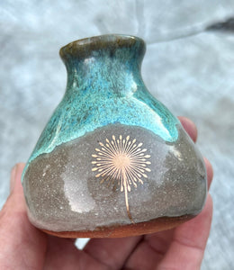 Gilded bud vase- Teal/ Fawn Glaze w/ Gold Butterfly and Dandelion flower 3oz