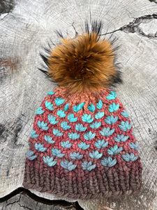 Earthy Blues Lotus Hat with raccoon Pom