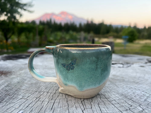 Gilded TeaCup- Seafoam/Cream w/ blue butterflies 🦋 8oz