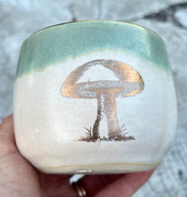 Load image into Gallery viewer, Gilded Cup- Seafoam/Cream w/ Gold Mushroom 🍄 and real gold rim 9oz