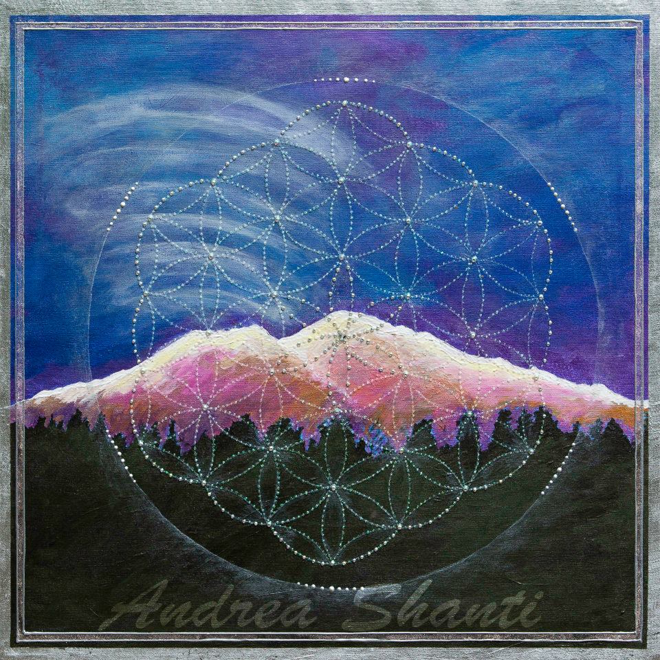 ORIGINAL- Glow Mt Shasta with Crystal Flower of Life - Acrylic with Swavrovski crystals w/ silver leaf