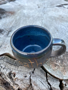 Gilded Breathe Mug-   Bronze Metallic/ Floating Blue Glaze 16oz small handle