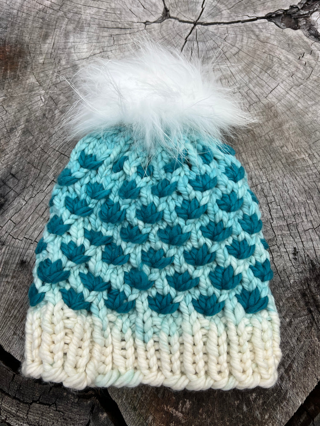 Winter Blues Lotus Hat with fox Pom