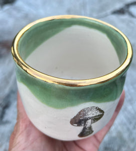 Gilded Cup- Seafoam/Cream w/ 2 Gold Mushrooms and real gold rim 8oz