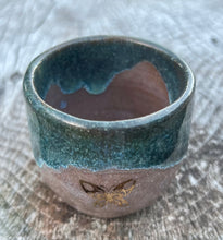 Load image into Gallery viewer, Gilded cordial cup- Teal/ Fawn Glaze w/ 2 Gold Butterflies 3oz