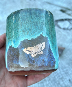 Gilded mug- Seafoam/Fawn w/ 2 Gold butterflies and square handle 7oz