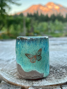 Gilded cordial cup- Seafoam/ Fawn Glaze w/ 3 Gold Butterflies 2oz