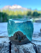 Load image into Gallery viewer, Gilded cordial cup- Seafoam/ Fawn Glaze w/ Gold Butterfly 2oz “short”