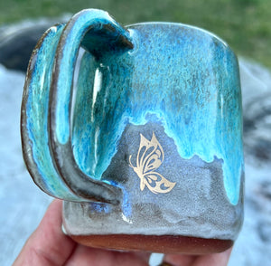Gilded mug- Seafoam/Fawn w/ 2 Gold butterflies and square handle 7oz