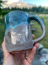 Load image into Gallery viewer, Gilded Mug -Teal/Fawn w/ 2 Gold butterflies  8oz