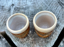 Load image into Gallery viewer, Pair of Gilded ❤️ cordial cups- earthy/ opal ￼ Glaze w/ carved real Gold ❤️’s 2oz