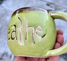 Load image into Gallery viewer, Gilded Breathe Mug-   Mother of Pearl/ chartreuse crackle glaze ￼ Glaze 10oz