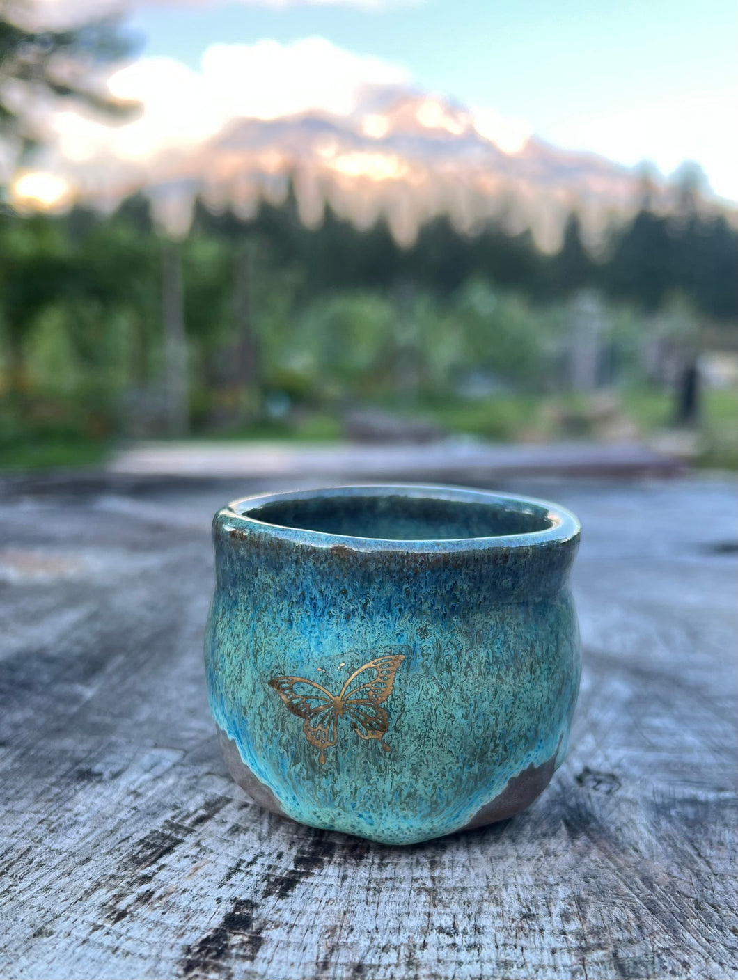 Gilded cordial cup- Seafoam/ Fawn Glaze w/ 2 Gold Butterflies 4oz